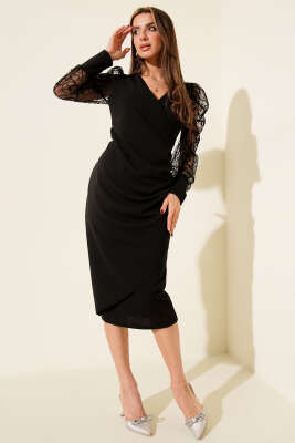 Dantel Kollu V Yaka Midi Elbise Siyah - Kadın Giyim Modelleri