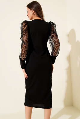 Dantel Kollu V Yaka Midi Elbise Siyah - Kadın Giyim Modelleri