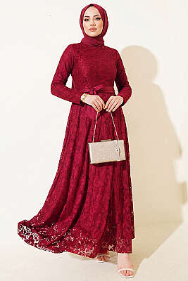 Dantel Nakışlı Kuşaklı Abiye Elbise Bordo - CNR TEKSTİL