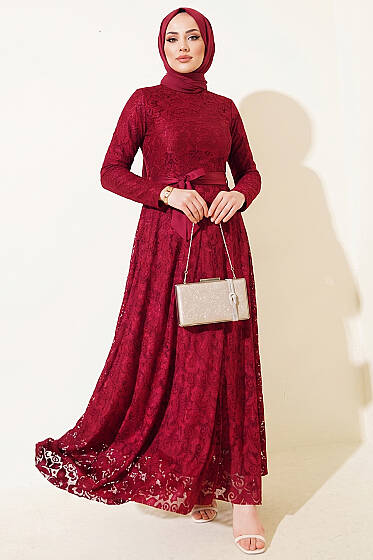 Dantel Nakışlı Kuşaklı Abiye Elbise Bordo - Elbise