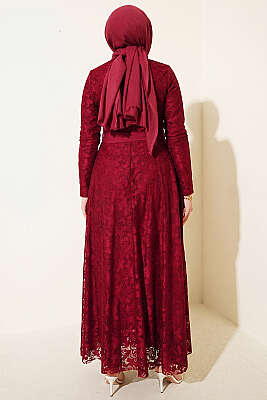 Dantel Nakışlı Kuşaklı Abiye Elbise Bordo - Elbise