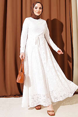 Dantel Nakışlı Kuşaklı Abiye Elbise Ekru - CNR TEKSTİL