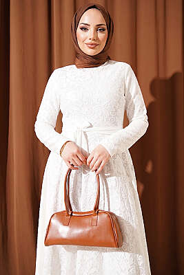 Dantel Nakışlı Kuşaklı Abiye Elbise Ekru - Elbise