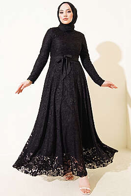 Dantel Nakışlı Kuşaklı Abiye Elbise Siyah - CNR TEKSTİL