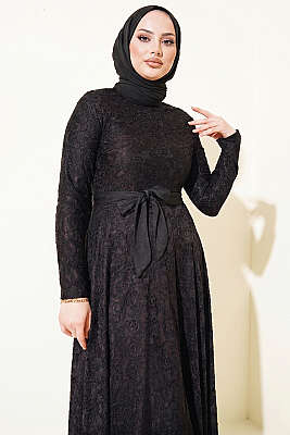 Dantel Nakışlı Kuşaklı Abiye Elbise Siyah - Elbise