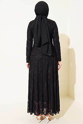 Dantel Nakışlı Kuşaklı Abiye Elbise Siyah - Elbise