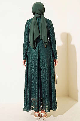 Dantel Nakışlı Kuşaklı Abiye Elbise Zümrüt - Elbise