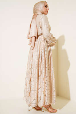 Dantel Örgü Detaylı Kuşaklı Elbise Bej - Thumbnail
