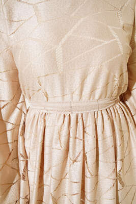 Dantel Örgü Detaylı Kuşaklı Elbise Bej - Thumbnail