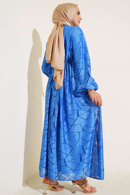 Dantel Örgü Detaylı Kuşaklı Elbise Saks - Thumbnail