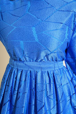 Dantel Örgü Detaylı Kuşaklı Elbise Saks - Thumbnail