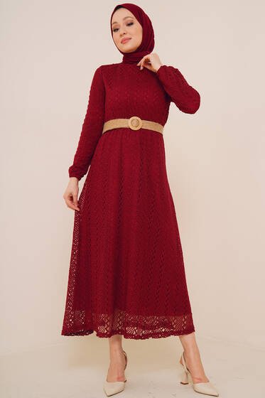 Dantel Örgü Model Elbise Bordo - Tesettür Elbise