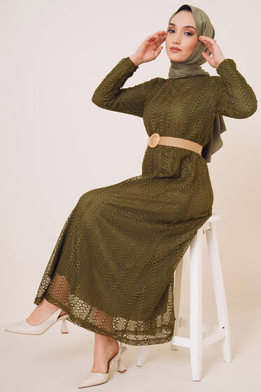 Dantel Örgü Model Elbise Haki - Tesettür Elbise