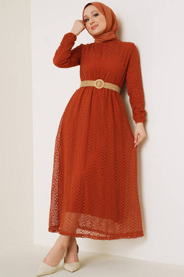 Dantel Örgü Model Elbise Kiremit - Tesettür Elbise