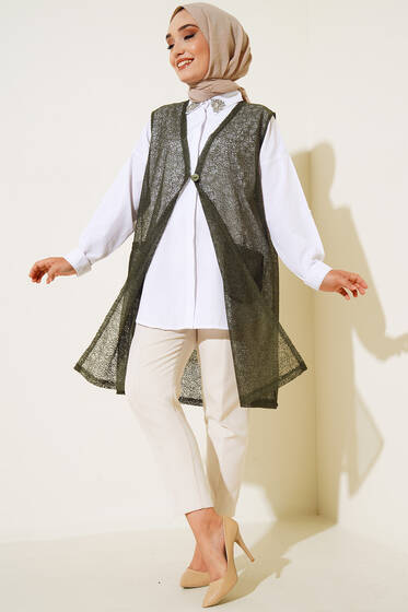 Dantel Örgülü Cepli Yelek Haki - Yelek