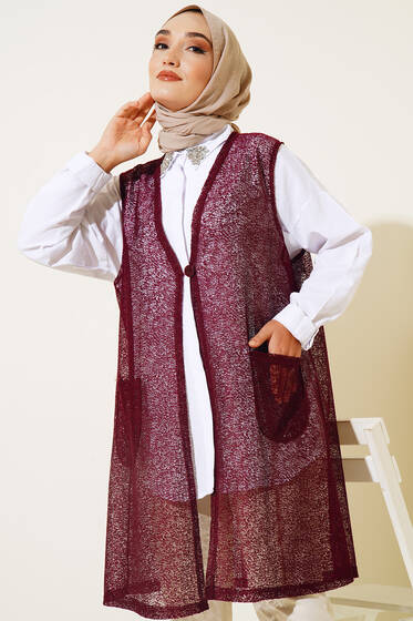 Dantel Örgülü Cepli Yelek Mürdüm - Yelek