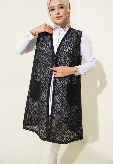 Dantel Örgülü Cepli Yelek Siyah - Kadın Yelek