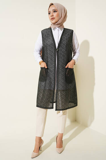 Dantel Örgülü Cepli Yelek Zümrüt Yeşili - Kadın Yelek