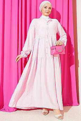 Dantel Şerit Detaylı Düğmeli Kat Elbise Pembe - NEVA MODA