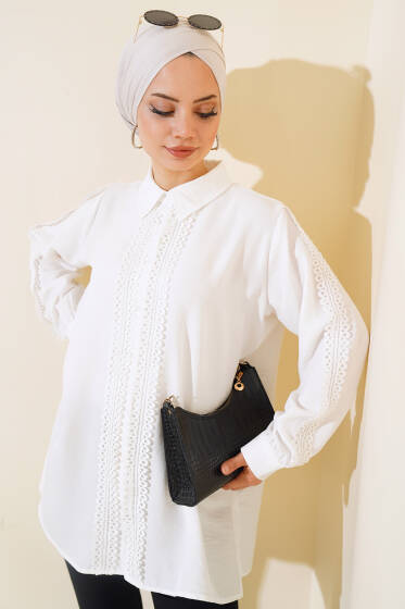 Dantel Şerit Detaylı Gömlek Ekru - Gömlek