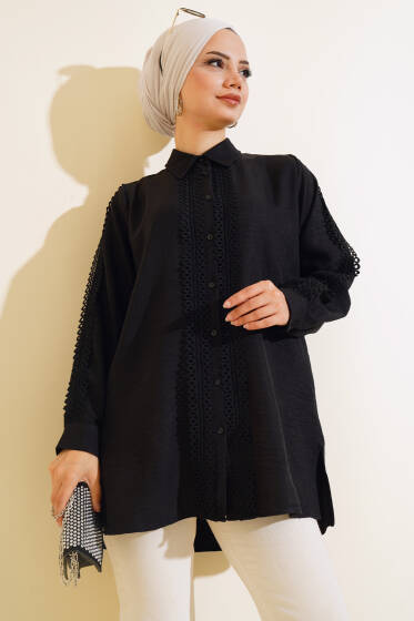 Dantel Şerit Detaylı Gömlek Siyah - Gömlek