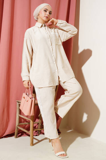 Dantel Şeritli Cepli İkili Takım Bej - İkili Takım