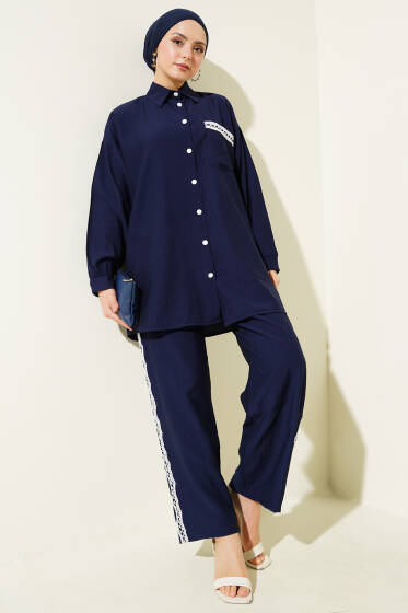 Dantel Şeritli Cepli İkili Takım Lacivert - İkili Takım