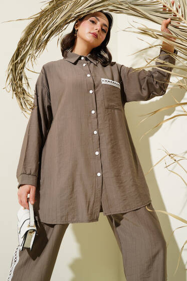 Dantel Şeritli Cepli İkili Takım Vizon - İkili Takım