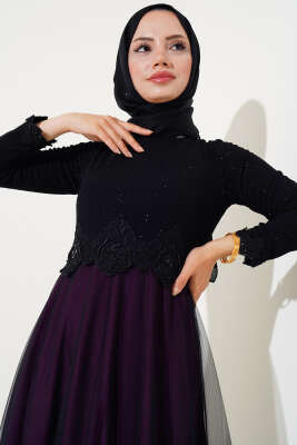 Dantel Şeritli Tül Elbise Mürdüm - Tesettür Elbise