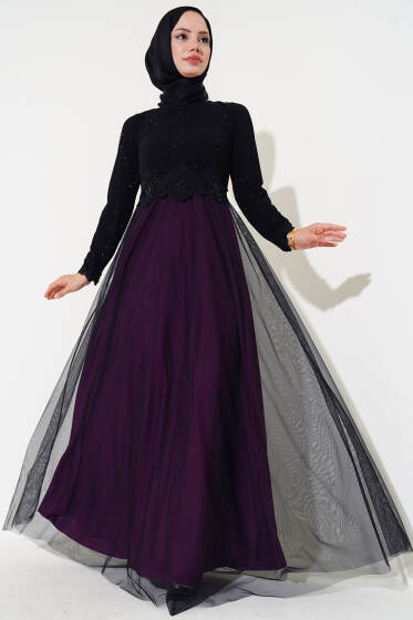 Dantel Şeritli Tül Elbise Mürdüm - Tesettür Elbise