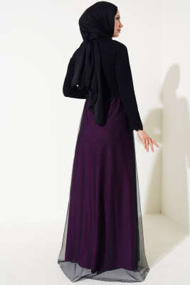 Dantel Şeritli Tül Elbise Mürdüm - Tesettür Elbise