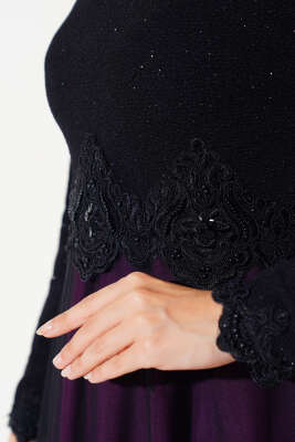 Dantel Şeritli Tül Elbise Mürdüm - Tesettür Elbise