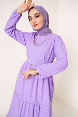 Dantel Süslemeli Ayrobin Elbise Lila - Tesettür Elbise