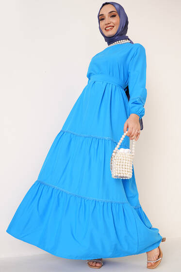 Dantel Süslemeli Ayrobin Elbise Mavi - Tesettür Elbise