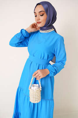 Dantel Süslemeli Ayrobin Elbise Mavi - Tesettür Elbise
