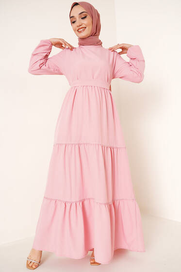 Dantel Süslemeli Ayrobin Elbise Pudra - Tesettür Elbise