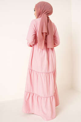 Dantel Süslemeli Ayrobin Elbise Pudra - Tesettür Elbise