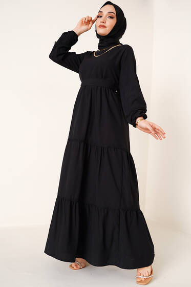 Dantel Süslemeli Ayrobin Elbise Siyah - Tesettür Elbise