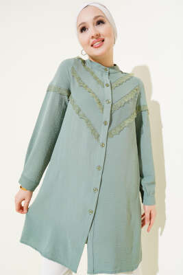 Dantel Süslemeli Hakim Yaka Gömlek Çağla Yeşili - Gömlek