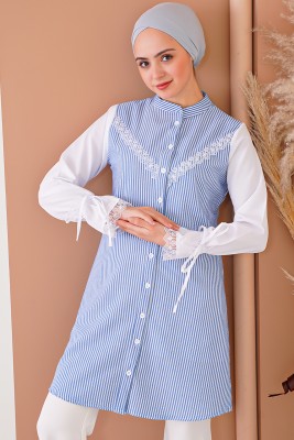 Dantel Süslemeli İndigo Tunik - Tunik