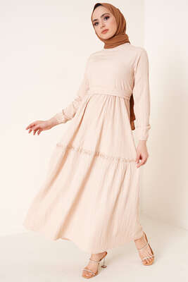 Dantel Süslemeli Kuşaklı Elbise Bej - Tesettür Elbise