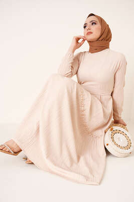 Dantel Süslemeli Kuşaklı Elbise Bej - NEVA MODA