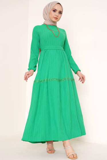 Dantel Süslemeli Kuşaklı Elbise Benetton - Tesettür Elbise