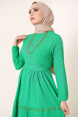 Dantel Süslemeli Kuşaklı Elbise Benetton - Tesettür Elbise