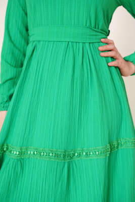 Dantel Süslemeli Kuşaklı Elbise Benetton - Tesettür Elbise