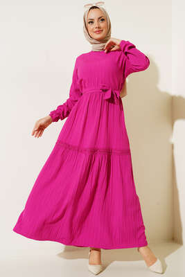 Dantel Süslemeli Kuşaklı Elbise Fuşya 