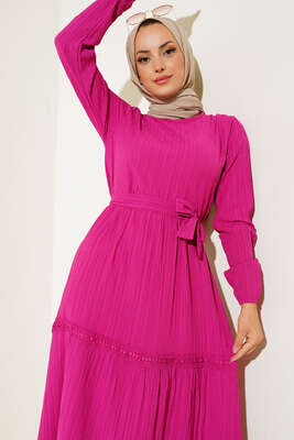 Dantel Süslemeli Kuşaklı Elbise Fuşya - Tesettür Elbise