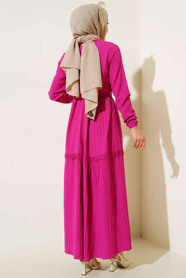 Dantel Süslemeli Kuşaklı Elbise Fuşya - Tesettür Elbise