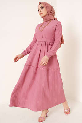 Dantel Süslemeli Kuşaklı Elbise Gül Kurusu - Tesettür Elbise