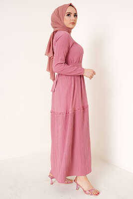 Dantel Süslemeli Kuşaklı Elbise Gül Kurusu - Tesettür Elbise